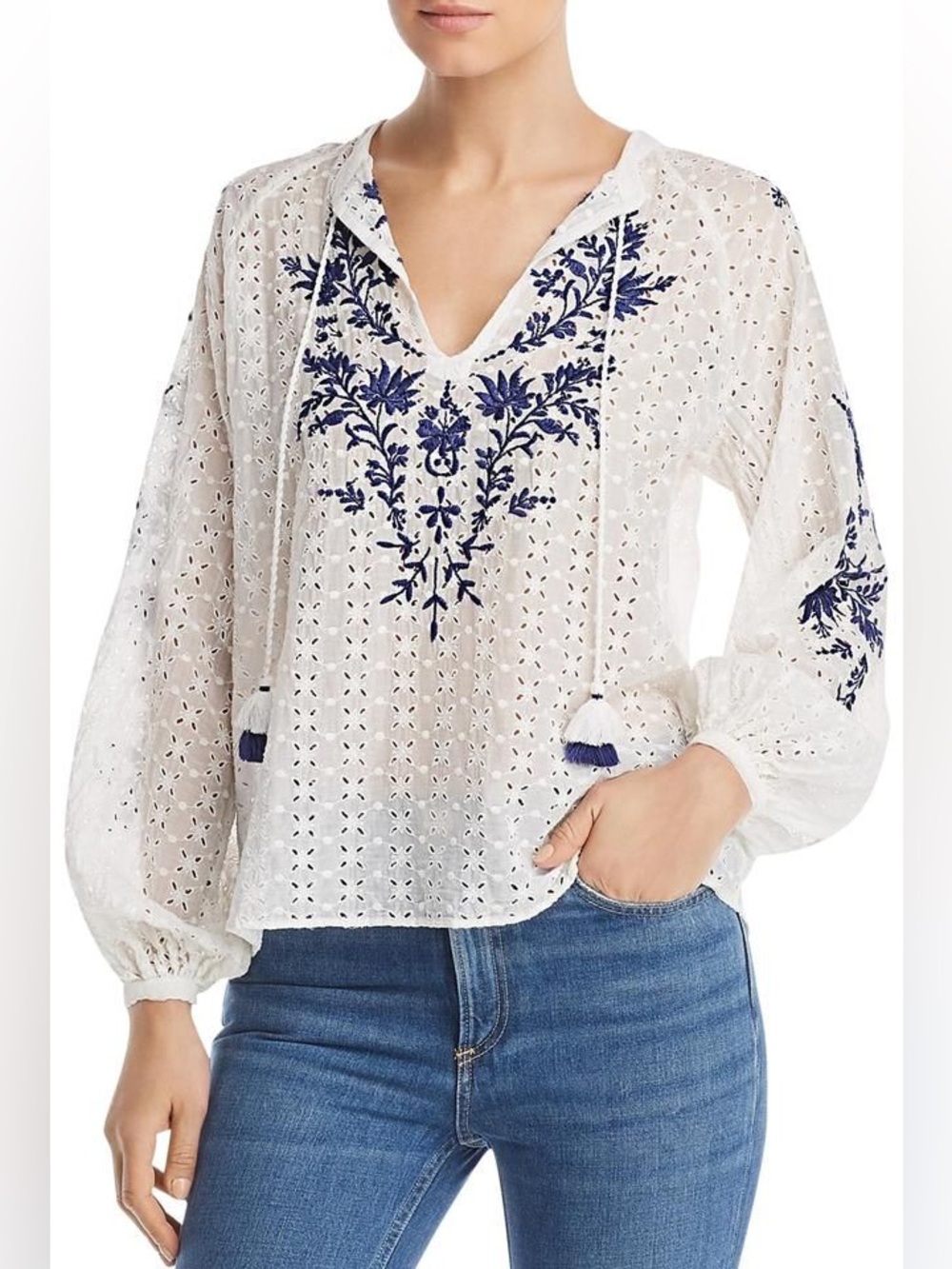 Johnny Was Jade Louie Eyelet Embroidered Silk Cotton Blouse XL White Blue